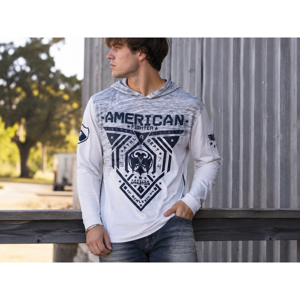 American Fighter Hooded Long Sleeve T Shirt Men's M Gray Graphic MMA Biker